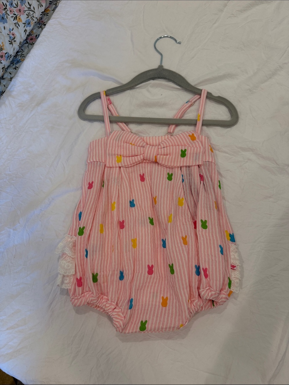 Ruffle Butts Pink Striped Romper with Multicolor Bunny Motif